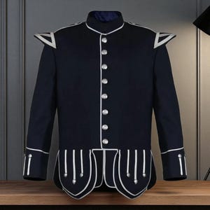 Men&#39;s Navy Blue Military Style Parade Jacket with Silver Trim and Buttons. Formal Dress Uniform Coat, Vintage Inspired Band Jacket