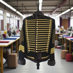 Men&#39;s Black Hussar Jacket with Gold Braids, Faux Fur Trim, Vintage Military Style Tunic, Napoleonic Era Uniform Steampunk Costume