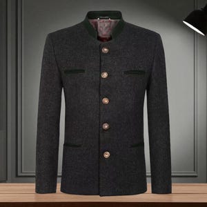 Men&#39;s Dark Grey Wool Trachten Jacket: Bavarian Oktoberfest Blazer