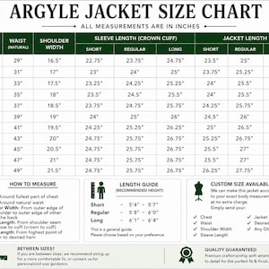 May include: An Argyle jacket size chart with a table listing chest, waist, shoulder width, sleeve length, and jacket length measurements in inches. Includes a how-to-measure guide, a length guide based on height, and custom size information.