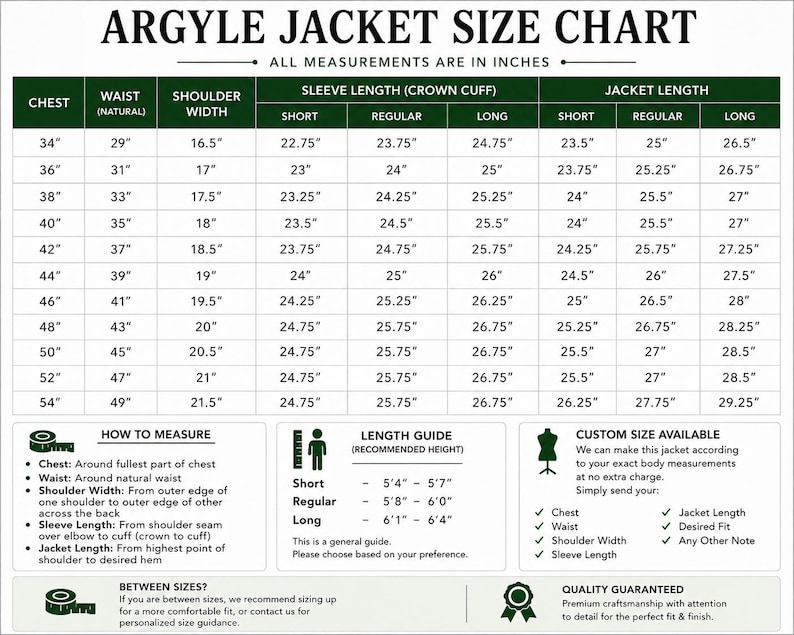 May include: An Argyle jacket size chart with a table listing chest, waist, shoulder width, sleeve length, and jacket length measurements in inches. Includes a how-to-measure guide, a length guide based on height, and custom size information.