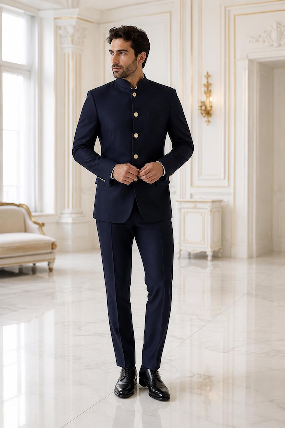 Men's Blue Wool Nehru Jacket: Vintage Style Mandarin Collar Blazer