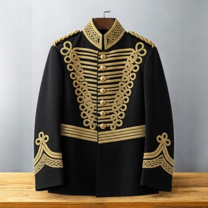 Men&#39;s Victorian Military Jacket, Black Hussar Tunic, Gold Braid, Unique Steampunk Uniform, Theatrical Costume Steampunk Costume