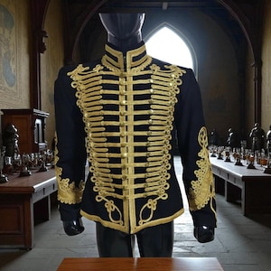 Men Black Military Parade Jacket with Gold Braid Trim Victorian Hussar Style Band Uniform Historical Costume Steampunk Formal Coat