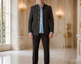 Men's Grey Wool Trachten Jacket: Bavarian Oktoberfest Blazer with Green Trim