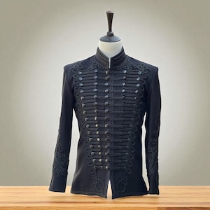 Men&#39;s Black Military Hussar Jacket with Braided Trim. Gothic Steampunk Blazer, Vintage Style Parade Coat, Victorian Costume, Cosplay Outfit