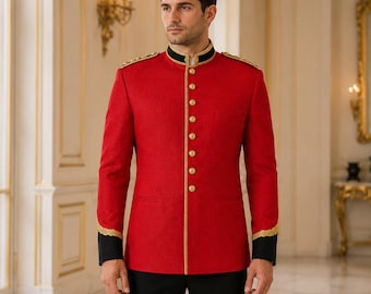 Red Military Jacket for Men, Wedding Party Wear, Wool, Tailored Style