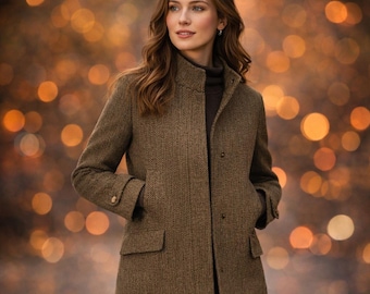 Women's Brown Wool Tweed Jacket Herringbone Coat Vintage Winter Blazer