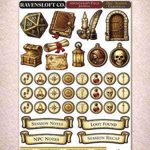 May include: A D&D campaign tracker with various illustrated elements. Includes a 20-sided die, a treasure chest, a map, a skull, and other icons. Text includes "DND CAMPAIGN TRACKER", "RAVENSLOFT CO.", "Adventurer's Field Journal", and "Session Notes".