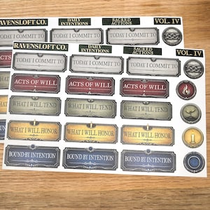 May include: Two sheets of stickers with text including "Today I Commit To," "Acts of Will," and "What I Will Tend." The stickers have a vintage design with decorative borders and icons. The text "Ravensloft Co." is also visible.