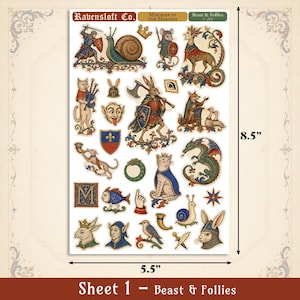 May include: A sticker sheet titled Ravensloft Co. Mischief in the Margins Beast & Follies 1-201, measuring 5.5 inches by 8.5 inches. It features various medieval-style illustrations including a rabbit warrior, a cat with bagpipes, a dragon, and snails.
