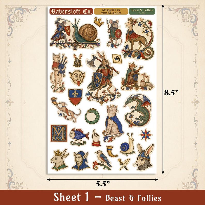 May include: A sticker sheet titled Ravensloft Co. Mischief in the Margins Beast & Follies 1-201, measuring 5.5 inches by 8.5 inches. It features various medieval-style illustrations including a rabbit warrior, a cat with bagpipes, a dragon, and snails.