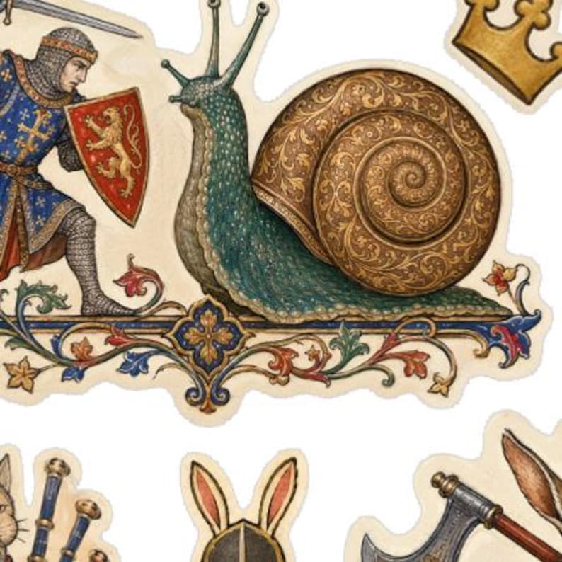 May include: A sticker featuring a medieval knight in blue armor with a red lion shield facing a large teal snail with a detailed gold shell. Below them is an ornate floral border. A gold crown is visible in the top right corner of the design.