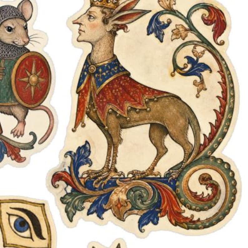 May include: A sticker set featuring a medieval-style illustration of a crowned creature with a human face and rabbit ears, wearing a red and blue cape, alongside a mouse in chainmail armor holding a shield and a separate human eye illustration.