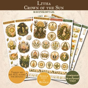 May include: A set of laminated and waterproof vinyl stickers with a Litha theme, featuring illustrations of the sun, crowns, and nature elements. The stickers are in shades of gold, green, and brown, with text that reads "Litha Crown of the Sun" and "Ravensloft Co."