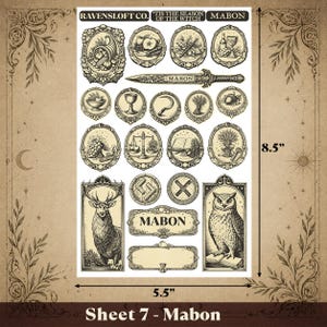 Puede incluir: Hoja 7 - Mabon, con una colecci&oacute;n de ilustraciones de estilo vintage. La hoja mide 14 cm de ancho y 21,6 cm de alto. Los dise&ntilde;os incluyen un b&uacute;ho, un ciervo, balanzas y el texto "MABON".