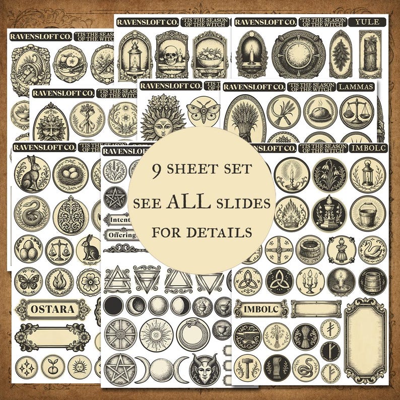 Puede incluir: Un conjunto de nueve hojas con ilustraciones de estilo vintage, que presentan s&iacute;mbolos m&iacute;sticos y elementos bot&aacute;nicos. Los dise&ntilde;os incluyen texto como "Yule" e "Imbolc". Tambi&eacute;n est&aacute; presente el texto "9 SHEET SET SEE ALL SLIDES FOR DETAILS".