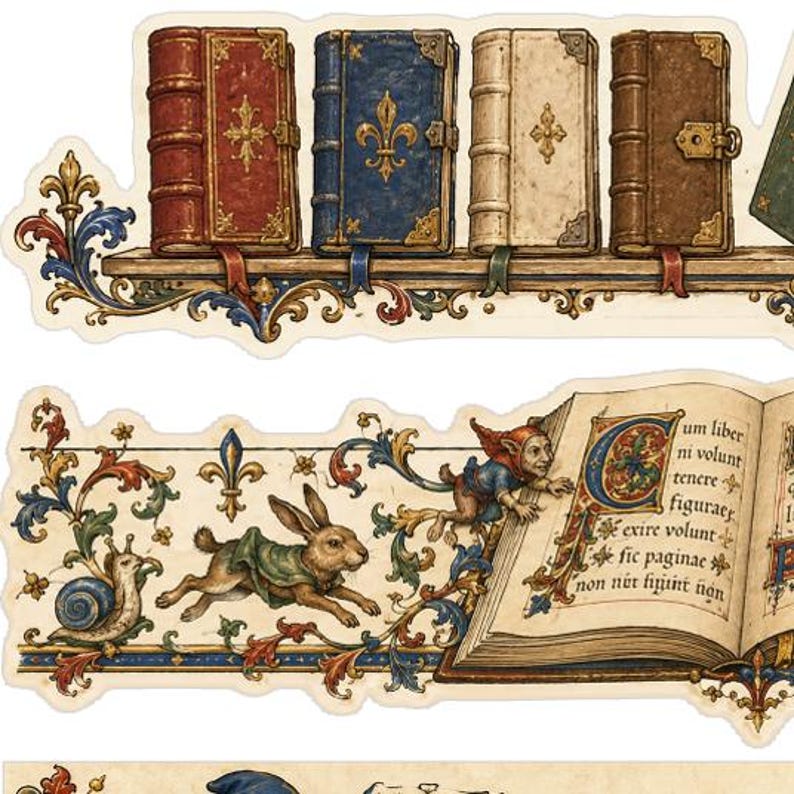 May include: A decorative sticker sheet featuring a row of four antique-style books on a shelf, a snail, a rabbit wearing a green cloak, a small creature, and an open medieval manuscript with Latin text and ornate illuminated capital letters.