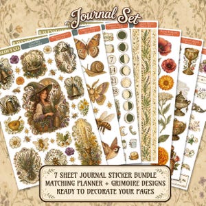 May include: A journal sticker set featuring a witch, butterflies, bees, and floral elements. The set includes seven sheets with matching planner and grimoire designs. The text on the image reads "Journal Set" and "7 SHEET JOURNAL STICKER BUNDLE MATCHING PLANNER + GRIMOIRE DESIGNS READY TO DECORATE YOUR PAGES."
