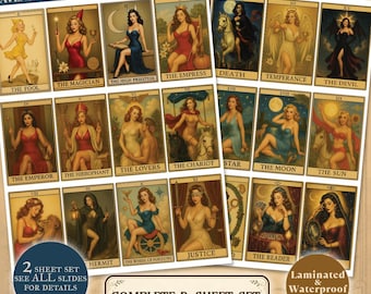 May include: A two-sheet set of laminated, waterproof tarot cards featuring pinup-style illustrations. Each card displays a classic tarot figure with a title, such as The Fool, The Magician, The High Priestess, The Empress, Death, Temperance, The Devil, The Emperor, The Hierophant, The Lovers, The Chariot, Star, The Moon, The Sun, The Hermit, The Wheel of Fortune, Justice, and The Reader.
