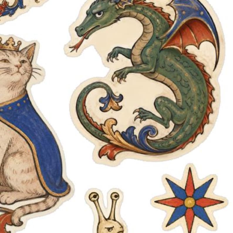 May include: A collection of stickers featuring a green dragon with red wings, a cat wearing a gold crown and blue cape, a small snail, and an eight-pointed star in red and blue. Each illustration is rendered in a detailed, classic art style.