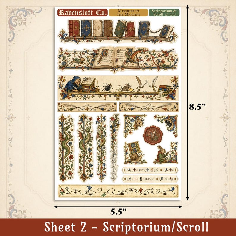 May include: A sticker sheet titled Ravensloft Co. Mischief in the Margins Scriptorium & Scroll II-0202, featuring medieval-style illustrations of books, dragons, rabbits, and scribes. The sheet measures 5.5 inches by 8.5 inches as indicated.