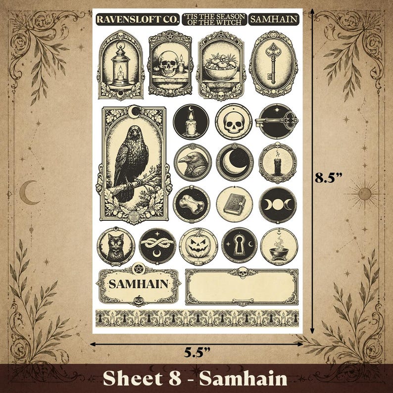 Puede incluir: Una hoja de pegatinas con est&eacute;tica vintage, con ilustraciones g&oacute;ticas y tem&aacute;ticas de Halloween. Los dise&ntilde;os incluyen un cuervo, calaveras, llaves, velas y el texto "Samhain". La hoja mide 14 cm de ancho y 21,6 cm de alto.