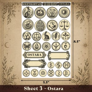 Puede incluir: Una hoja de pegatinas con varios dise&ntilde;os circulares, incluyendo un conejo, huevos, balanzas y runas. La hoja mide 14 cm de ancho y 21,6 cm de alto. El texto incluye "RAVENSLOFT CO." y "OSTARA".