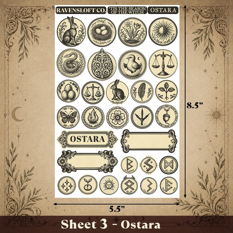 Puede incluir: Una hoja de pegatinas con varios dise&ntilde;os circulares, incluyendo un conejo, huevos, balanzas y runas. La hoja mide 14 cm de ancho y 21,6 cm de alto. El texto incluye "RAVENSLOFT CO." y "OSTARA".