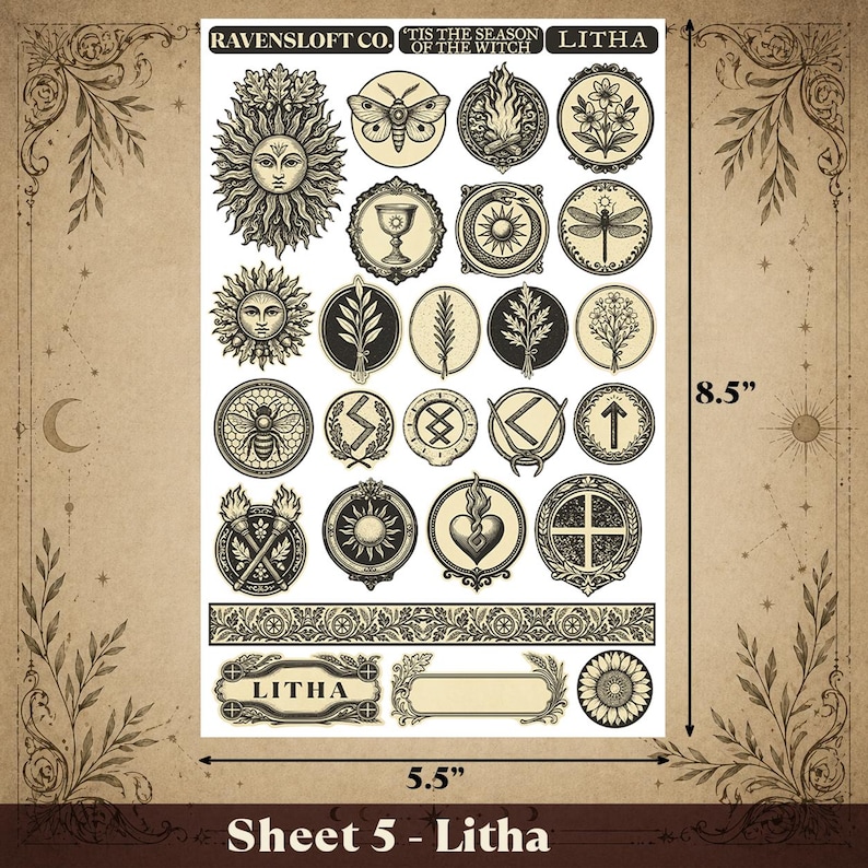 Puede incluir: Hoja 5 - Litha, con varias ilustraciones circulares con dise&ntilde;os bot&aacute;nicos, celestiales y simb&oacute;licos. La hoja mide 14 cm de ancho y 21,6 cm de alto. El texto incluye "RAVENSLOFT CO.", "TIS THE SEASON OF THE WITCH" y "LITHA".