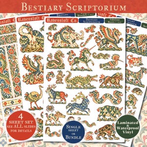 May include: A sticker sheet set titled Bestiary Scriptorium featuring various medieval-style illustrations of mythical creatures including a unicorn, dragon, griffin, and elephant. The sheet includes text labels like Ravensloft Co. and Fabulous Beasts.