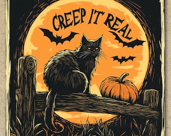 Retro Stickers - Halloween Black Cat | Spooky Cute | Black Cat Stickers | Pumpkin Sticker | Bats Halloween | Vintage Stickers | Moon Pumpkin