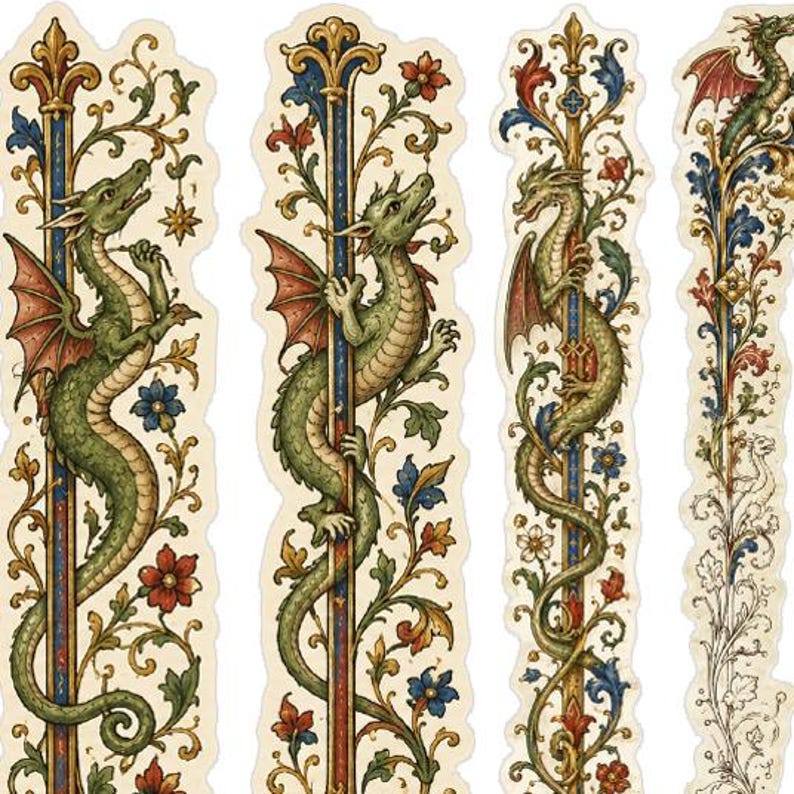 May include: Four vertical decorative stickers featuring green dragons with red wings climbing ornate golden pillars. The designs are embellished with colorful floral motifs, blue and red accents, and intricate scrollwork in a medieval manuscript style.