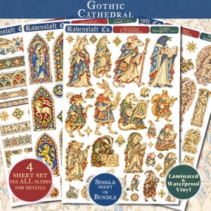 May include: A four-sheet set of laminated vinyl stickers titled Gothic Cathedral. The sheets feature colorful illustrations of anthropomorphic animals in medieval robes, stained glass window designs, and architectural stone carvings.