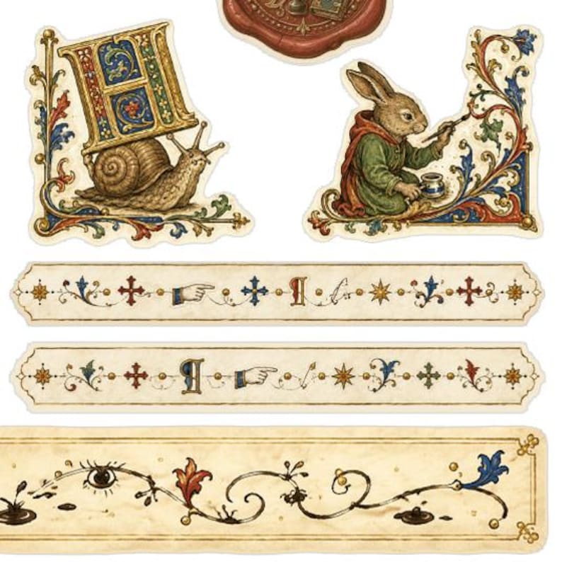 May include: A collection of die-cut stickers featuring medieval-style illustrations. Elements include a snail carrying a large letter H, a rabbit painting floral vines, and three long decorative border strips with stars, crosses, and pointing hands.