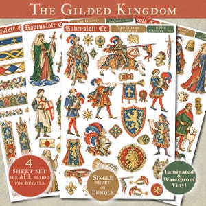 May include: A sticker sheet set titled The Gilded Kingdom featuring medieval illustrations of knights, royalty, heraldic shields, armor, and decorative borders in red, blue, and gold colors. The set includes various figures, symbols, and patterns.
