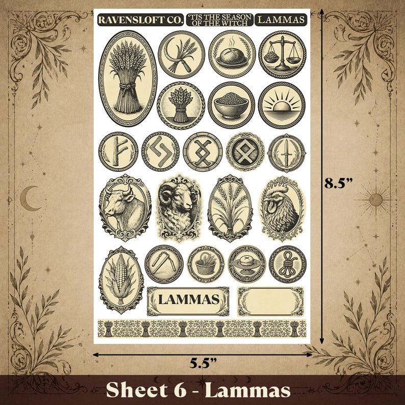 Puede incluir: Una hoja de pegatinas beige etiquetada como "Sheet 6 - Lammas" con varias ilustraciones circulares y rectangulares en tonos sepia. La hoja mide 14 cm de ancho y 21,6 cm de alto. El texto superior dice "RAVENSLOFT CO. 'TIS THE SEASON OF THE WITCH".