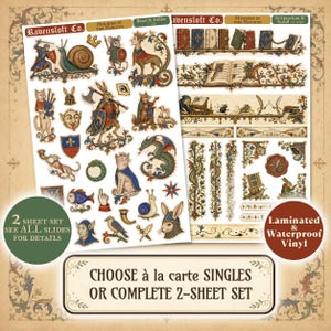 May include: Two sheets of laminated waterproof vinyl stickers featuring medieval-style illustrations of knights, rabbits, cats, dragons, snails, and books. The text Ravensloft Co., Mischief in the Margins, Beast & Follies, and Scriptorium & Scroll is visible.