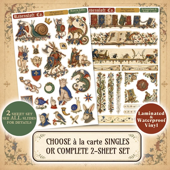 Medieval Marginalia Sticker Sheets, Illuminated Manuscript Journal Stickers