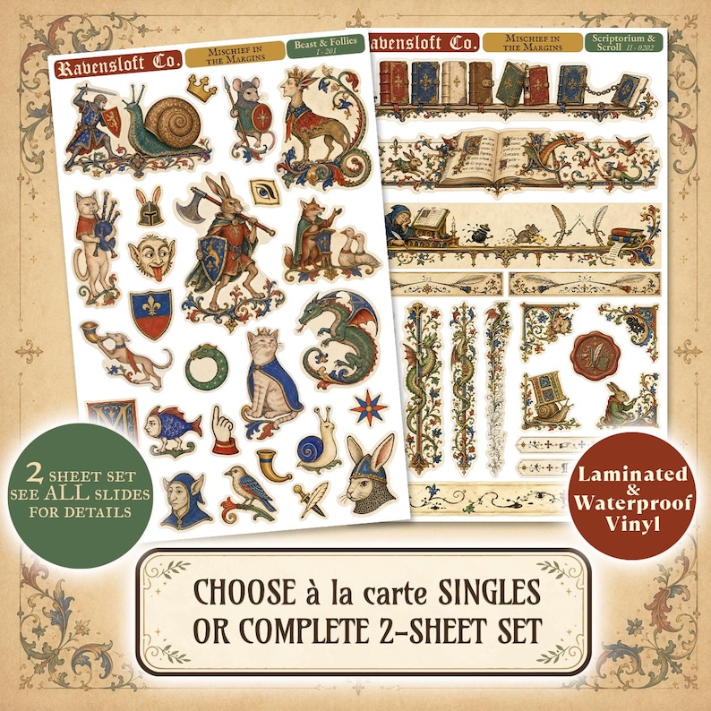 May include: Two sheets of laminated waterproof vinyl stickers featuring medieval-style illustrations of knights, rabbits, cats, dragons, snails, and books. The text Ravensloft Co., Mischief in the Margins, Beast & Follies, and Scriptorium & Scroll is visible.