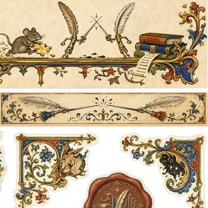 May include: A collection of medieval-style decorative illustrations featuring a mouse eating cheese, two anthropomorphic quill pens dueling with swords, stacked books, ornate floral scrollwork, a red wax seal, and mythical creatures.