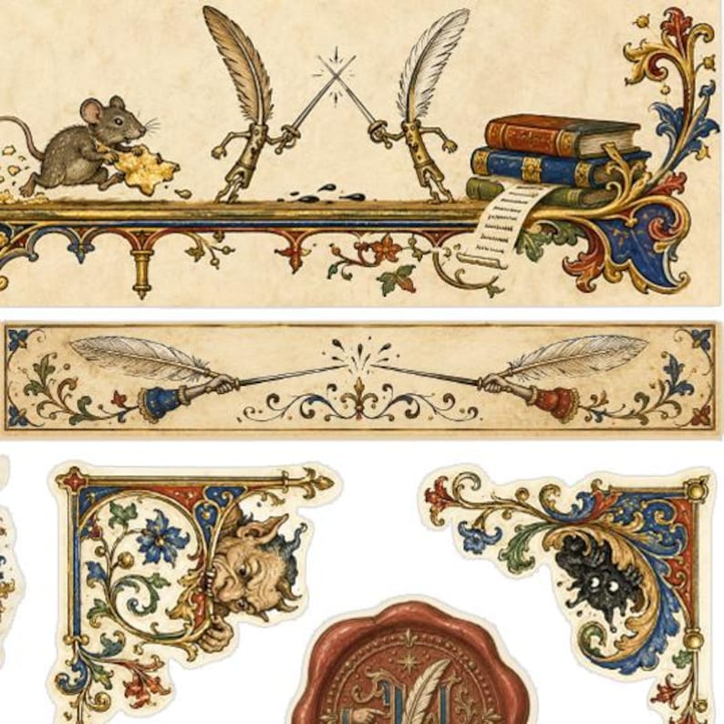 May include: A collection of medieval-style decorative illustrations featuring a mouse eating cheese, two anthropomorphic quill pens dueling with swords, stacked books, ornate floral scrollwork, a red wax seal, and mythical creatures.