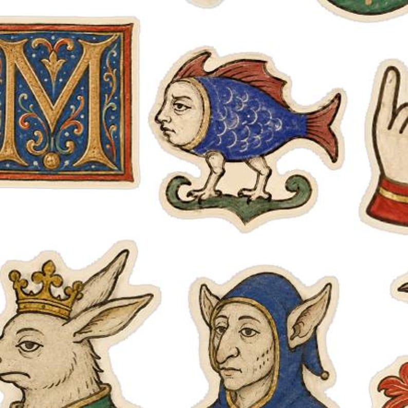 May include: A collection of medieval-style stickers featuring a gold letter M on a blue background, a blue fish with a human face and bird-like legs, a crowned rabbit, and a person wearing a blue hood, all rendered in a detailed illustrative art style.