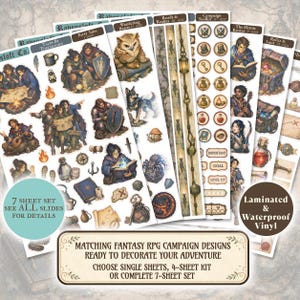 May include: A set of seven sticker sheets featuring fantasy RPG illustrations including characters, creatures, treasure chests, potions, maps, and campaign trackers. The sheets include text labels like Party Tales, Wandering Beasts, and Campaign Toolkit.