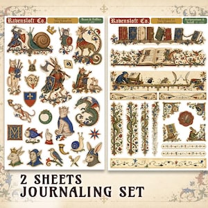 May include: Two sheets of journaling stickers by Ravensloft Co. featuring medieval-inspired illustrations. The set includes knights, animals, dragons, books, and decorative borders with text labels like Mischief in the Margins and Beast & Follies.