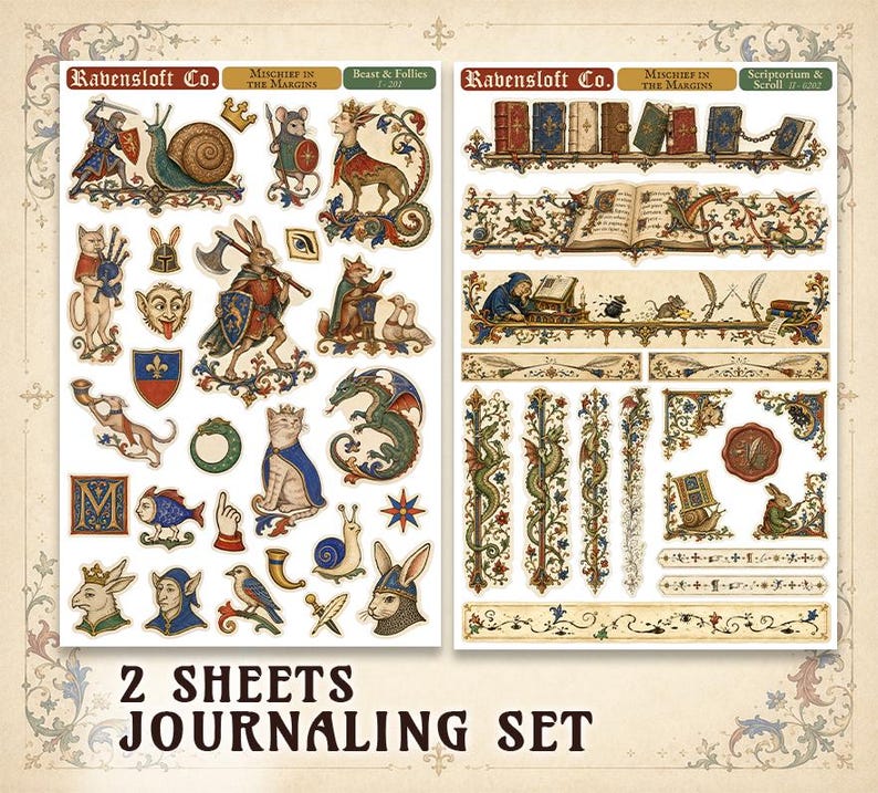 May include: Two sheets of journaling stickers by Ravensloft Co. featuring medieval-inspired illustrations. The set includes knights, animals, dragons, books, and decorative borders with text labels like Mischief in the Margins and Beast & Follies.
