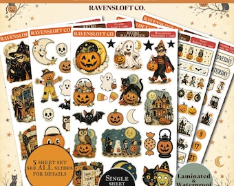 Vintage Halloween 5 Sheet Sticker Bundle, Retro Planner Stickers for Junk Journals & Scrapbook Kit