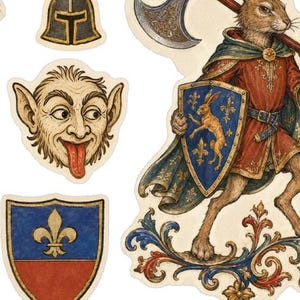 May include: A collection of stickers featuring a rabbit warrior in red and blue medieval armor holding an axe and shield, a grinning goblin face with a protruding tongue, a black and gold helmet, and a blue and red shield with a gold fleur-de-lis.