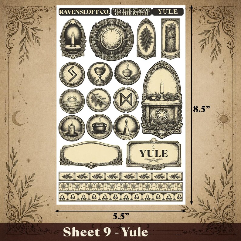 Puede incluir: Hoja de pegatinas de estilo vintage con ilustraciones de velas, runas y un reloj. La hoja mide 14 cm de ancho y 21,6 cm de alto, con la palabra "Yule" mostrada. La hoja est&aacute; etiquetada como "Sheet 9 - Yule".