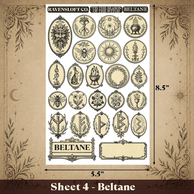 Puede incluir: Una hoja de pegatinas con fondo beige e ilustraciones negras. Las pegatinas presentan varios dise&ntilde;os, incluyendo una cara de Hombre Verde, abejas, conejos y runas. La hoja mide 14 cm de ancho y 21,6 cm de alto.
